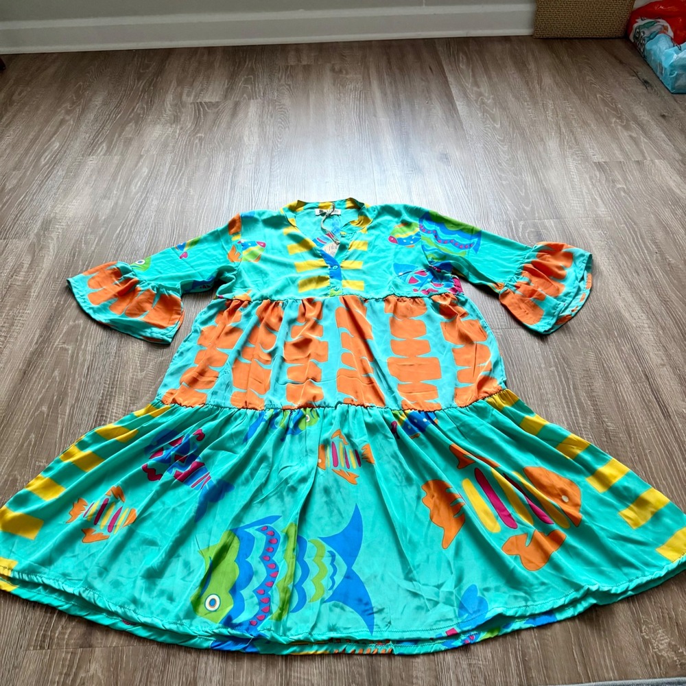 Bright Turquoise & Orange Fish-Print Midi Dress